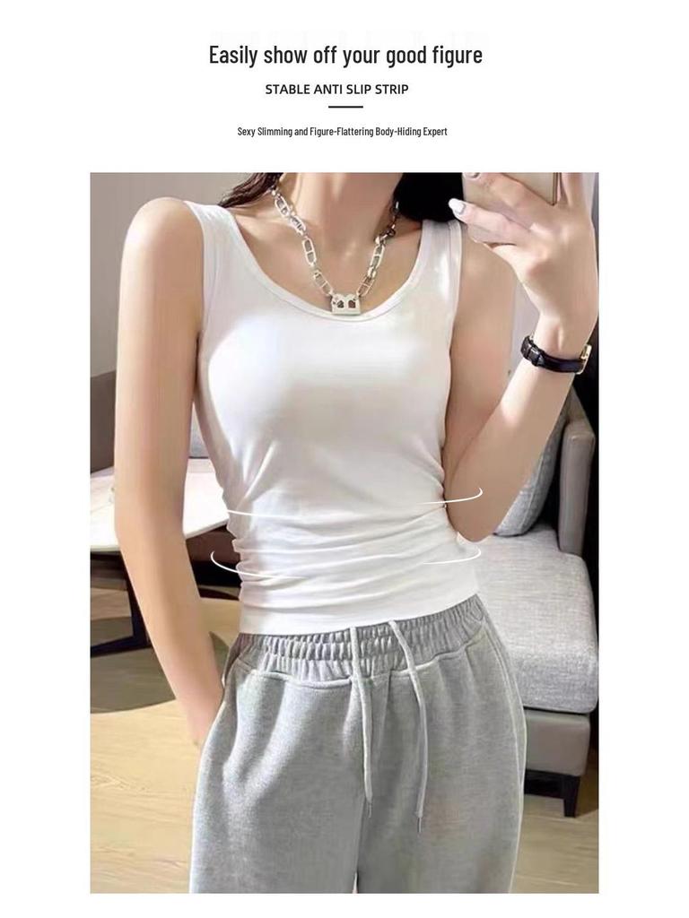 Spring/Summer Women's White Cotton Racerback Tank Top - Sleeveless Camisole Knitted Base Layer