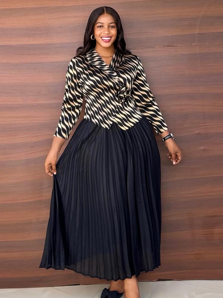 Plus Size Women's High-End Gold Foil Print Pleated Dress with Faux Two-Piece Long Skirt - Casual Style