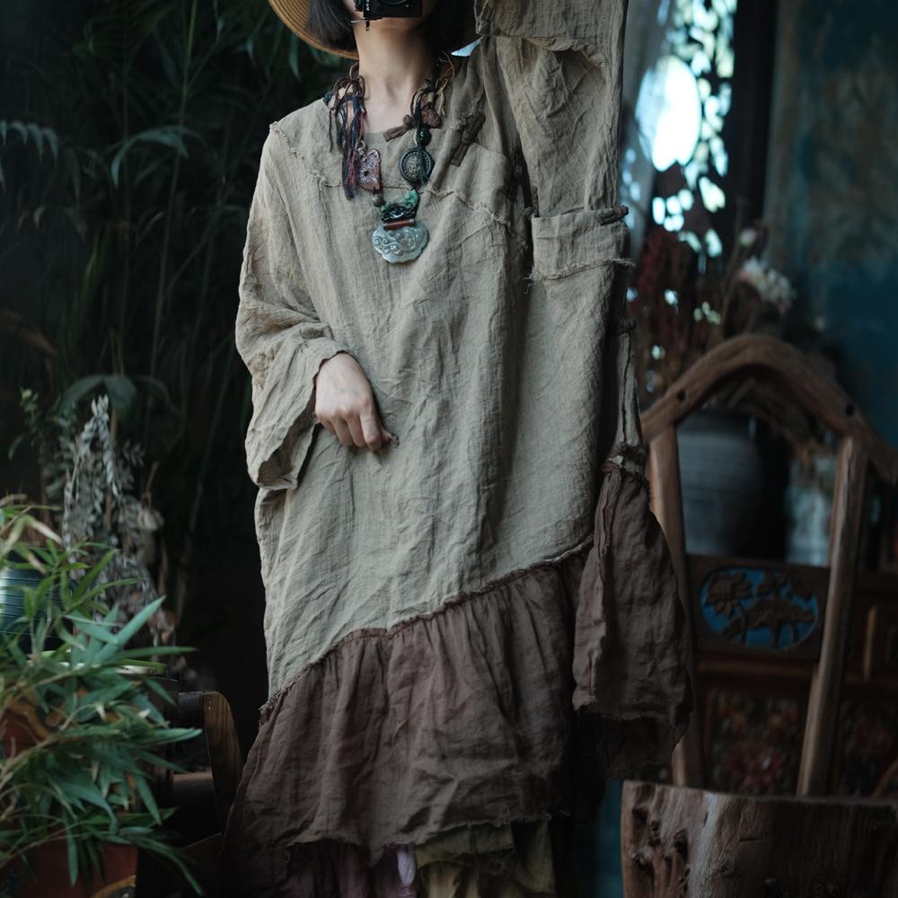 Johnature Damen Vintage Kleider Patchwork Farbe O-Ausschnitt Langarm Herbst Locker Chinesischer Stil Knopfkleid