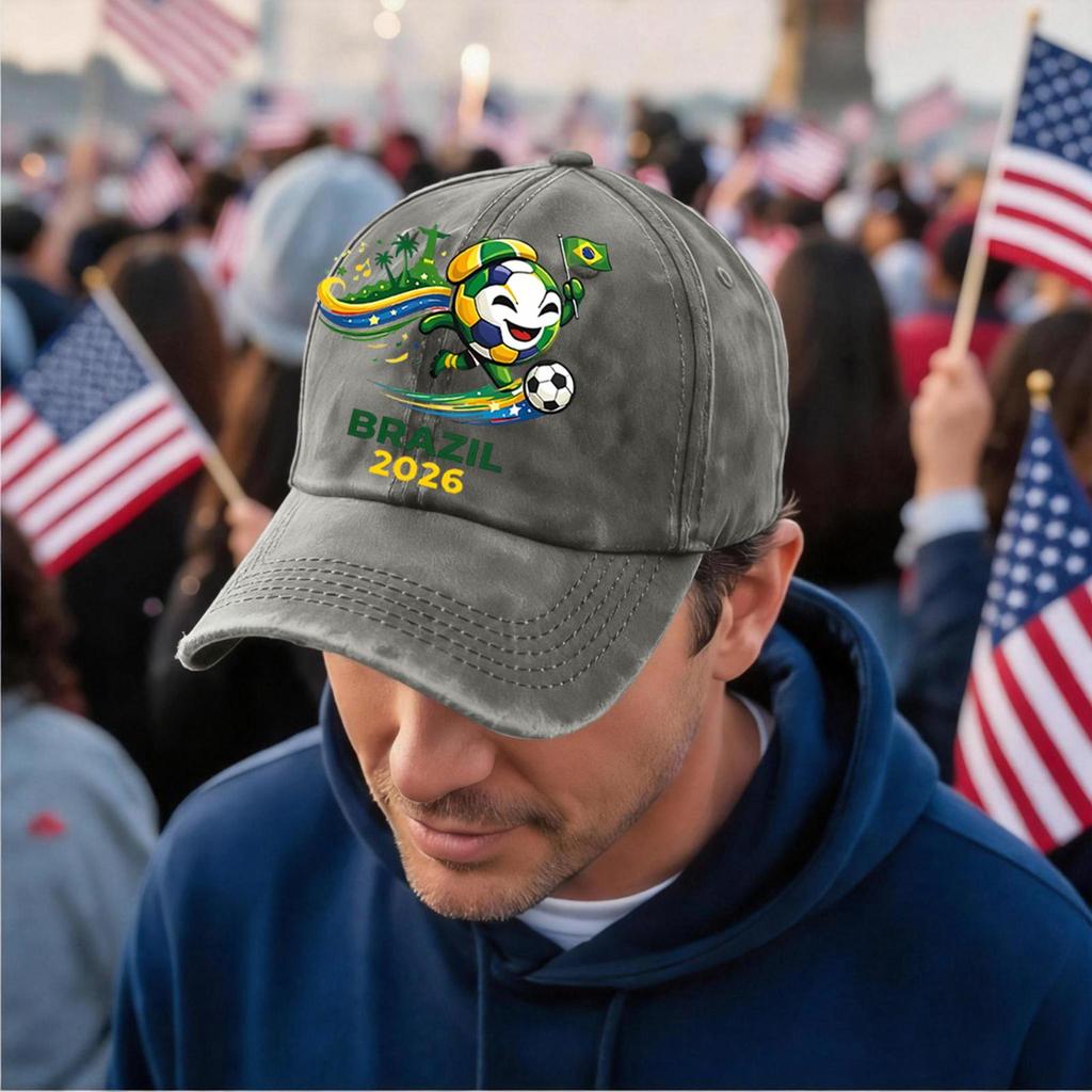 Unisex Vintage Washed Baseball Cap Soccer Fan Hat Embroidered Brazil 2026 Logo Adjustable Strap Back Supporter Headwear