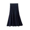 High-Waisted Navy Blue Plaid Fishtail Long Skirt - Slimming & Thickened for Autumn/Winter Women's Collection