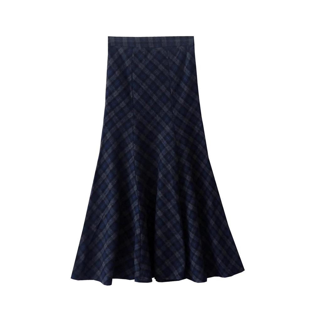 High-Waisted Navy Blue Plaid Fishtail Long Skirt - Slimming & Thickened for Autumn/Winter Women's Collection