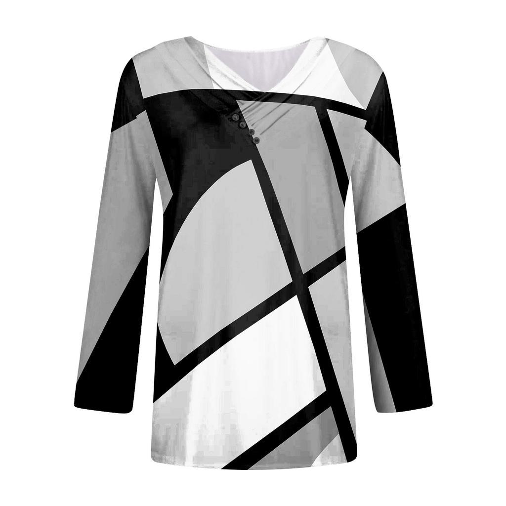 Womens Long Sleeve Tops Fall V Neck Long Sleeve Blouses Loose Fit Button Prints Casual Tees Clothes