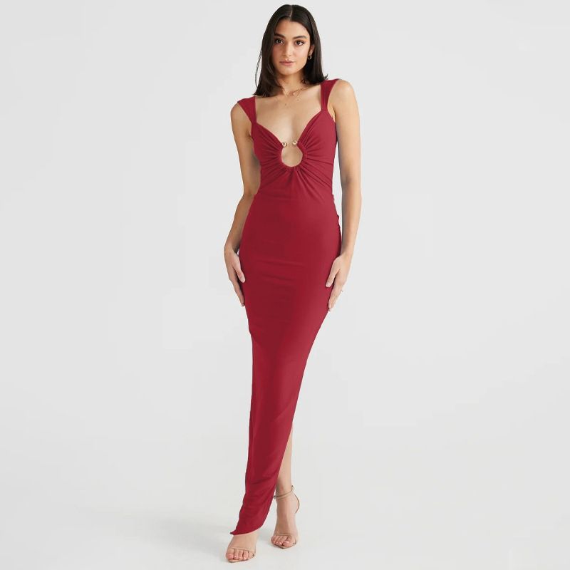 Split Dress2024 Spring New Arrival Women's Clothing Sexy Suspenders Low Cut Open Back Slim Fit Slit Long Dress