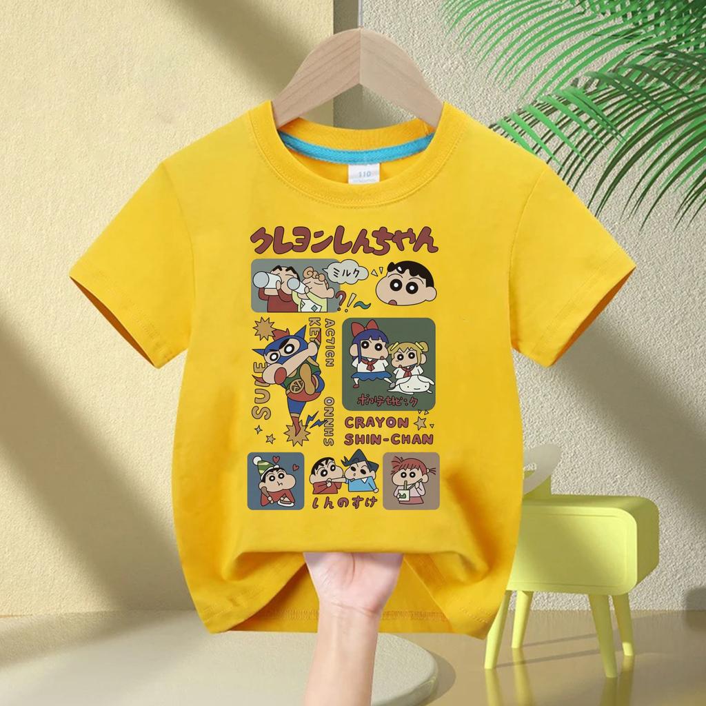 2026 New Summer Cotton Cartoon Crayon Shinchan Print TShirt Summer Fashion Casual Round Neck Cotton Childrens Top
