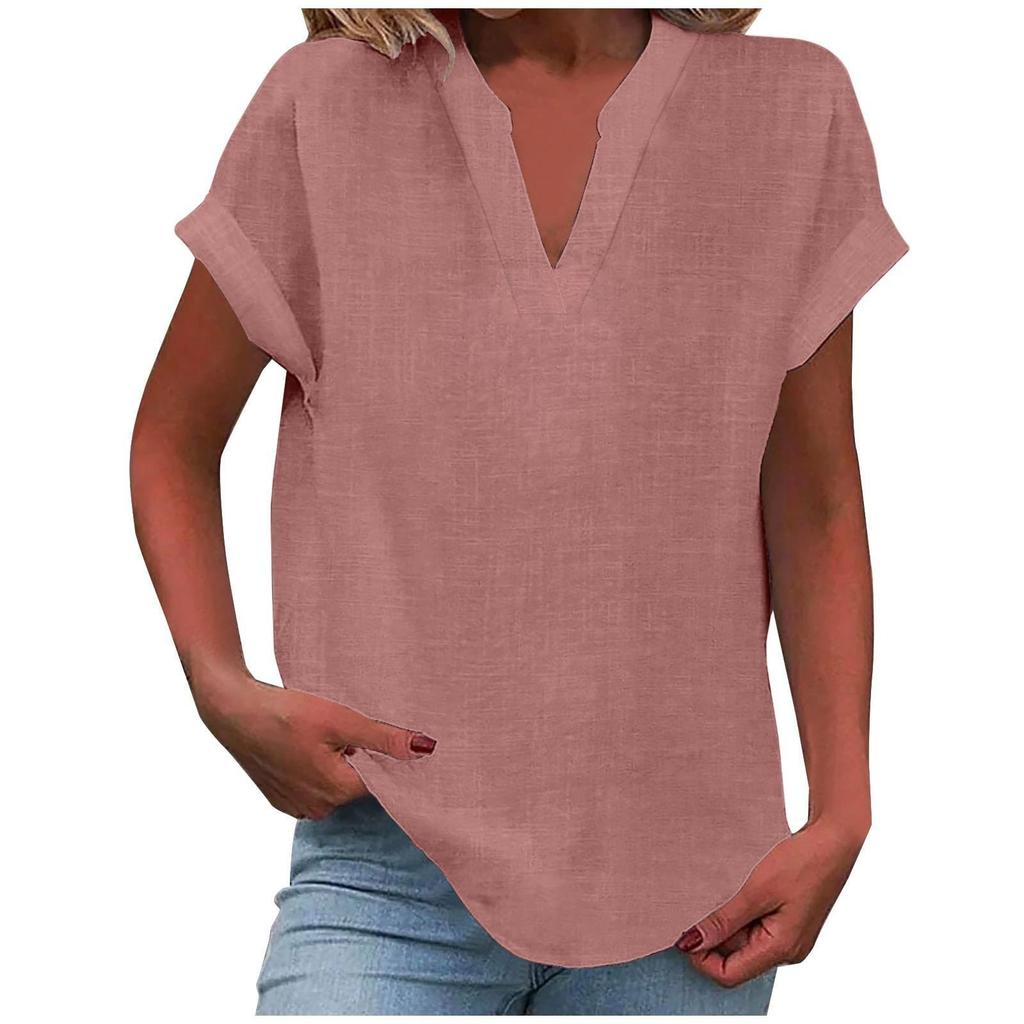Women's V Neck Short Sleeve Loose Fit Solid Color T-Shirt Casual Summer Top
