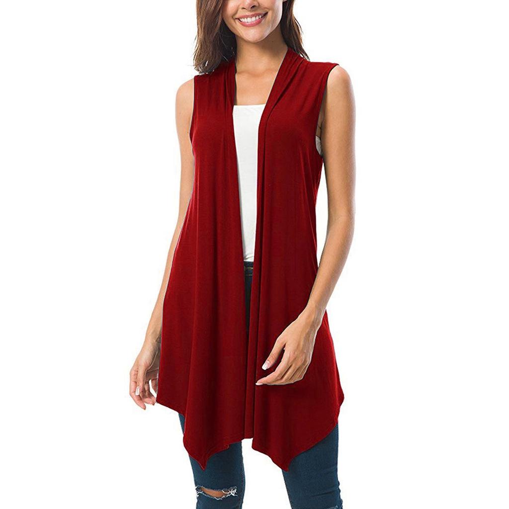 Ärmellose, drapierte, vorne offene Cardigan-Weste für Damen mit asymmetrischem Saum, Blusen-Tops