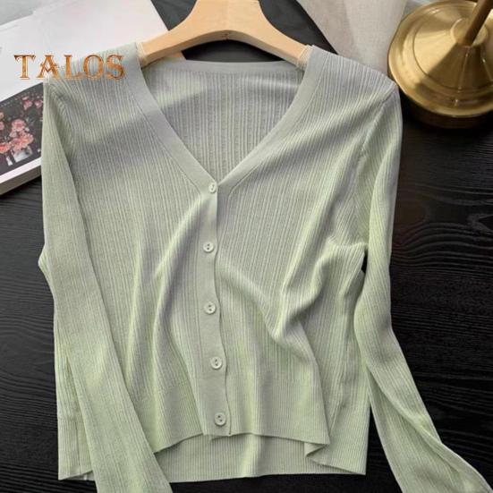 Sun Knit Cardigan for Women Long Sleeve V-Neck Button Up Thin Ice Silk Coat Summer Ribbed Cropped Top for Outdoor Travel Work Beach