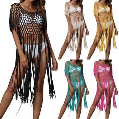 Dámský plážový přehoz Sexy dutý třásňový patchwork bikiny Jednobarevný přehoz