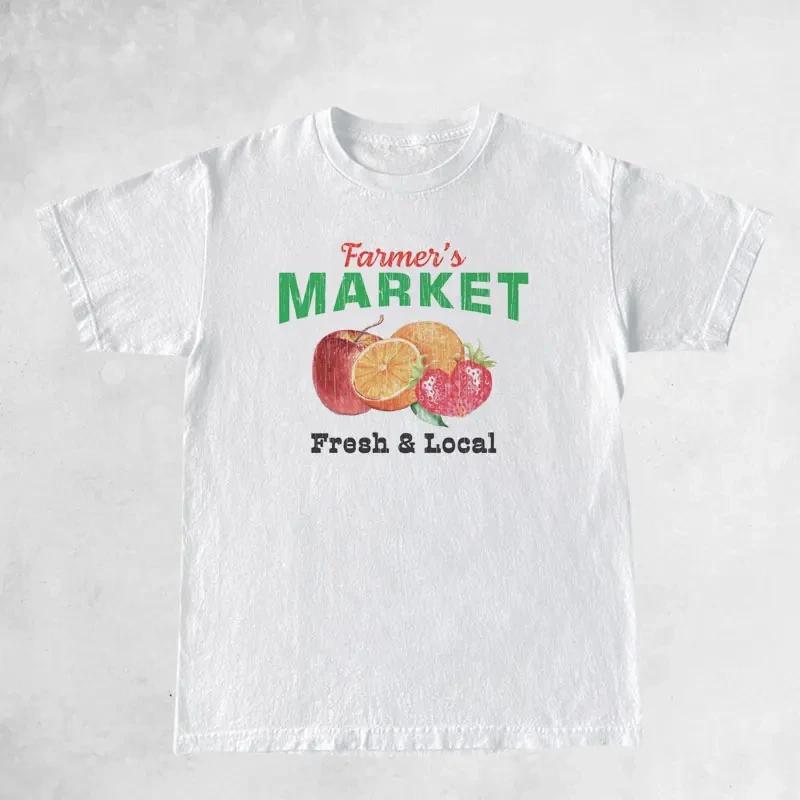 Vintage Farmers Market Fruit Printed TShirt Womens Cute Pattern TShirt Womens Cottagcore Aesthetic Strawberry Cotton Shirt