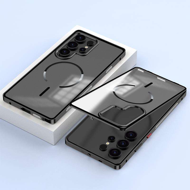 

Чохол MagSafe для Samsung Galaxy S25 S24 S23 S26 Ultra Plus S25+ Еластичний Засув Алюмінієвий Сплав Металева Рамка Бампер + Прозора Матова Задня Панель Захист для Телефона Galaxy S26 Plus чорний