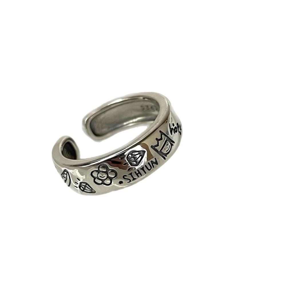 Su Chuang S925 Sterling Silver Little Prince Graffiti Ring with Diamond Heart & Flower - Adjustable Hip Hop Style for Girls