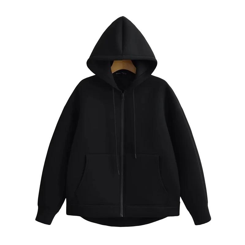 Winter New Women's Zipper Hoodie High Street Unisex Style Double Pockets Oversize Loose Sweatshirts Outerwear Top