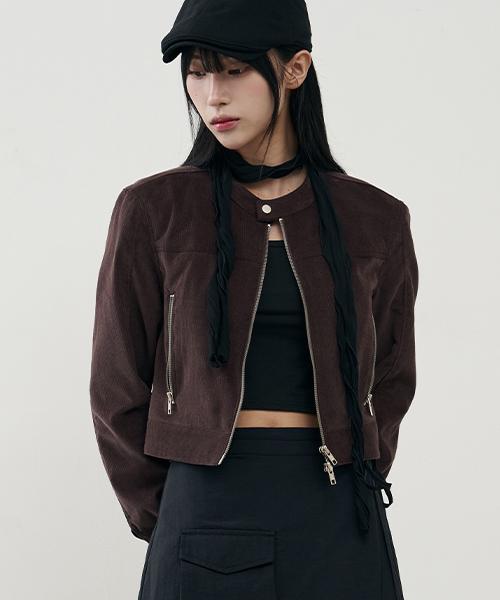 Arrayed Vertical Biker Crop Corduroy Jacket [Navy]
