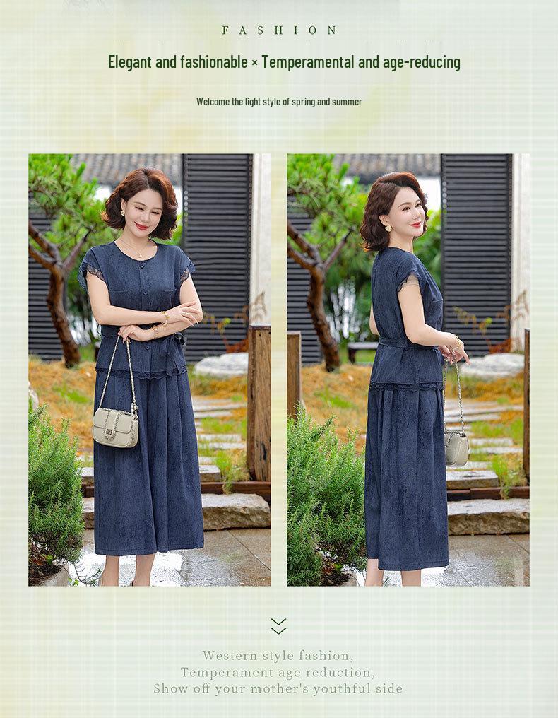 Mom's Youthful Summer Two-Piece Suit: Elegant, Slimming Fashion for Middle-Aged & Elderly