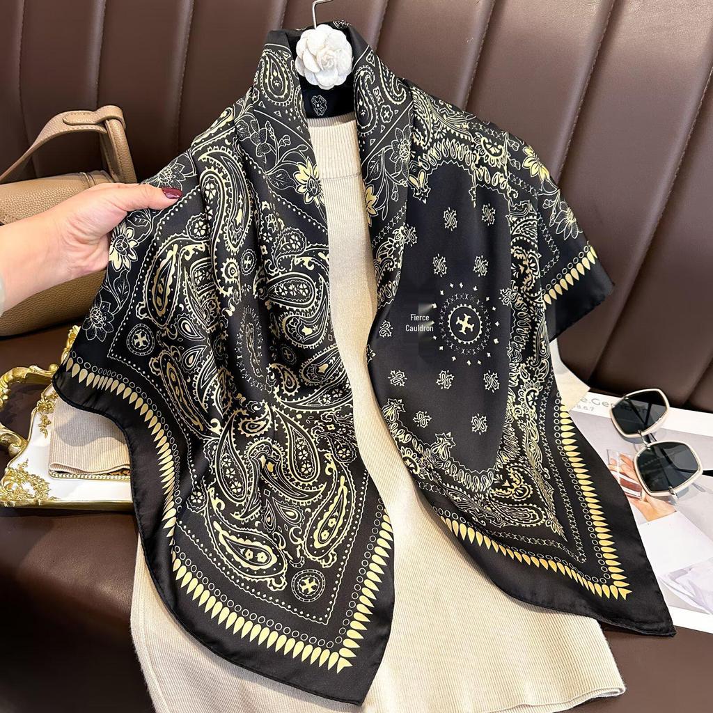 Women's Retro Fashion Mulberry Silk Feel Square Scarf - Summer Faux Satin, Sun Protection, 90cm