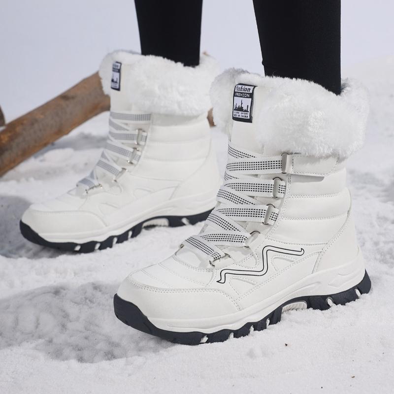 Plush Mid-top Winter Boots Women Warm Cotton Shoes Anti-slip Rubber Sole Outdoor Sneakers Plush Waterproof Ladies Hiking Footwear