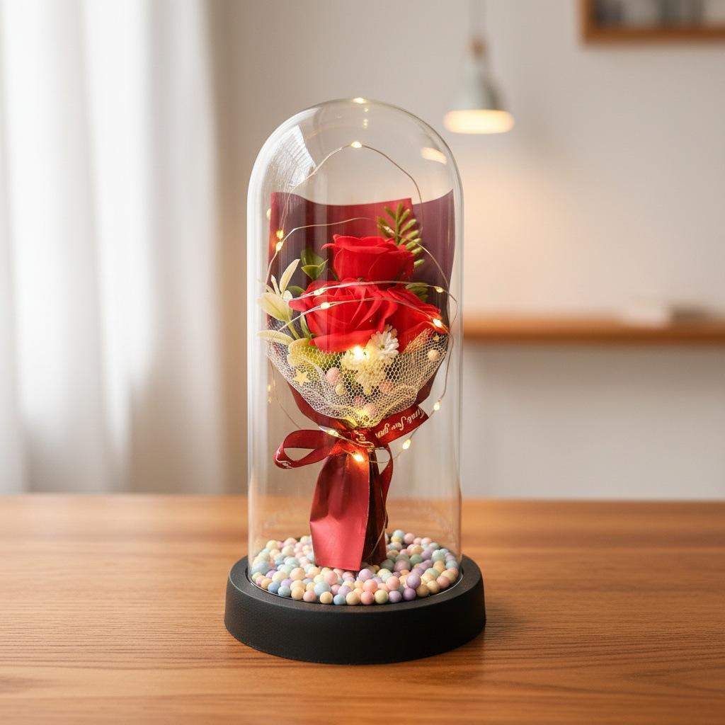 1 Artificial Rose Immortal Flower Bouquet Glass Cover Soap Flower Qixi Festival Valentine's Day Gift Creative Christmas Gift
