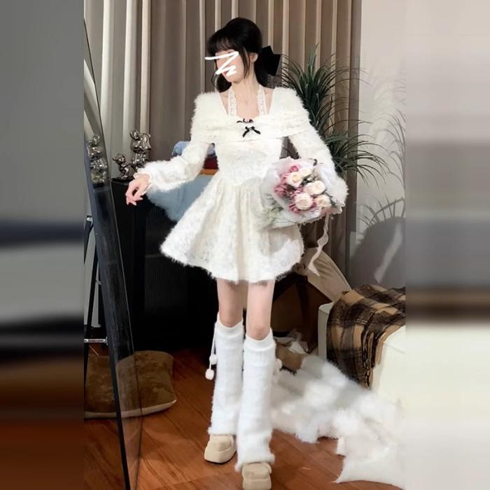 

White French lace neck dress for children, early spring new style, small puffy skirt S