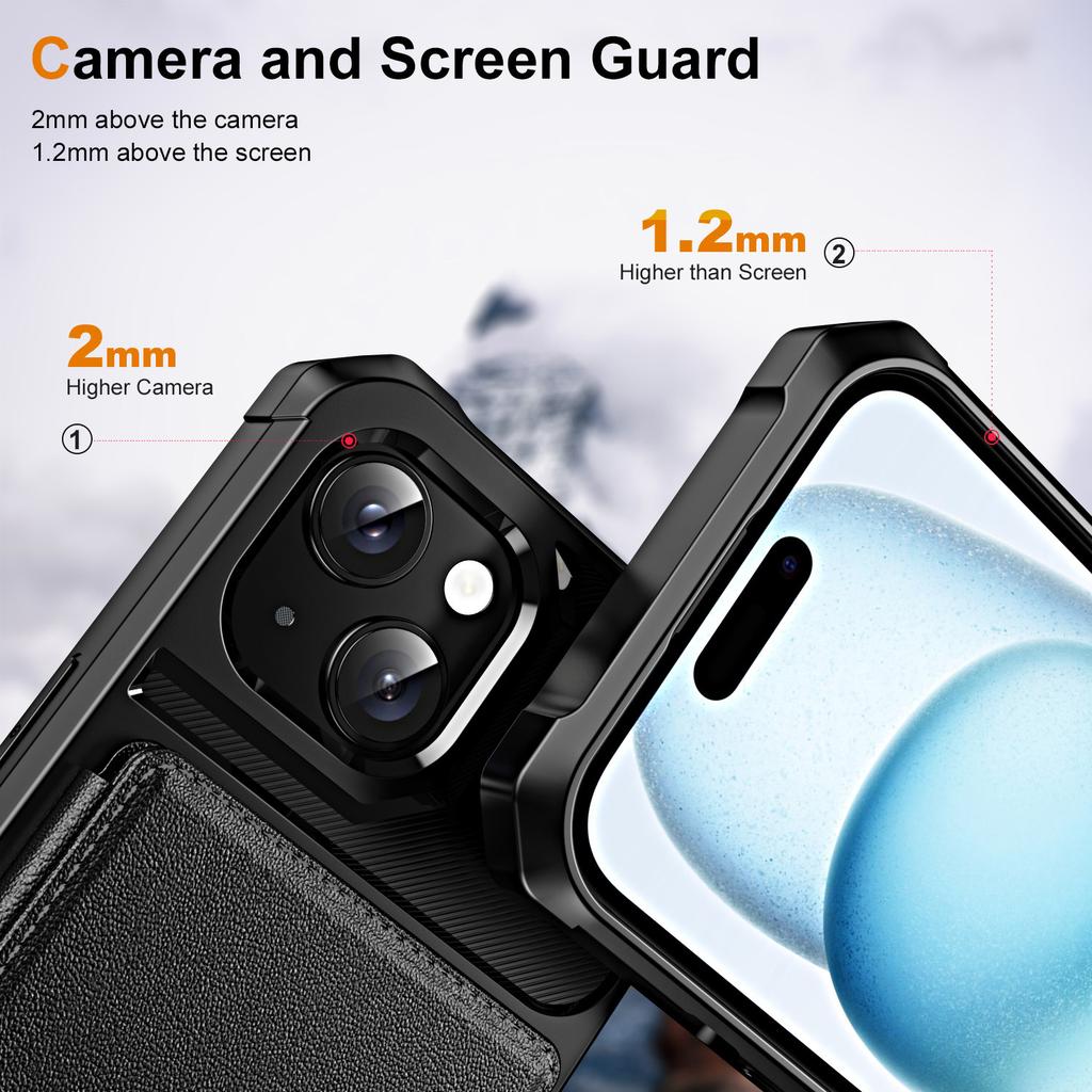 For iPhone 15 Plus Case Card Slot Kickstand Leather+TPU Reinforced Corner Phone Cover