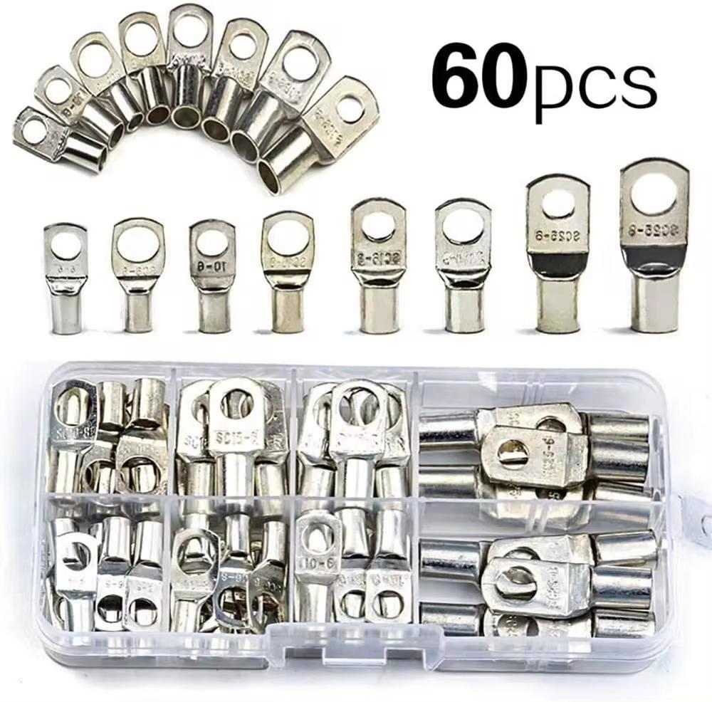 60pcs Assortment Car Auto Copper Ring Terminal Wire Crimp Connector Bare Cable Battery Terminals Soldered Connectors Kit HX50B