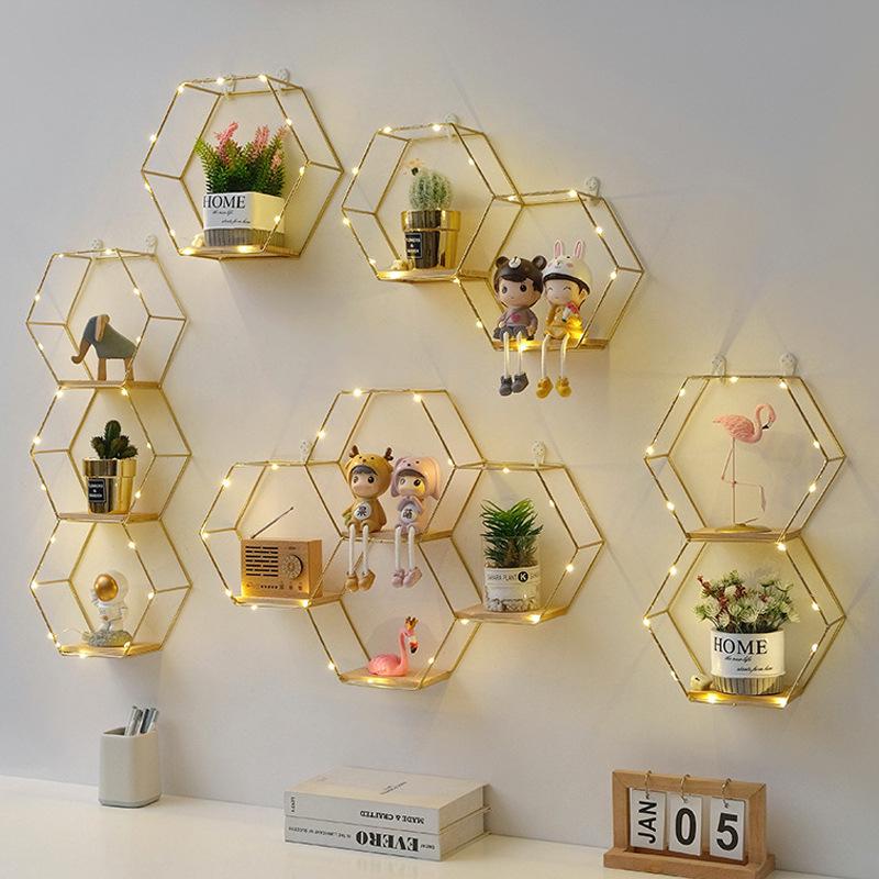 Nordic Wrought Iron Hexagonal Wall Shelf for Home, Bedroom, and Dining Room Decor