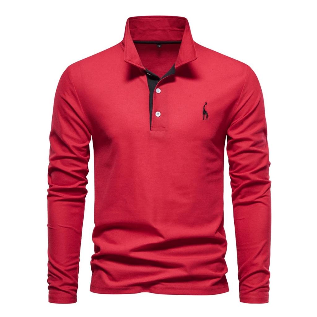 Trend Hub New Men's Deer Embroidery Polo Shirts Solid Color Long Sleeve Social Business Male