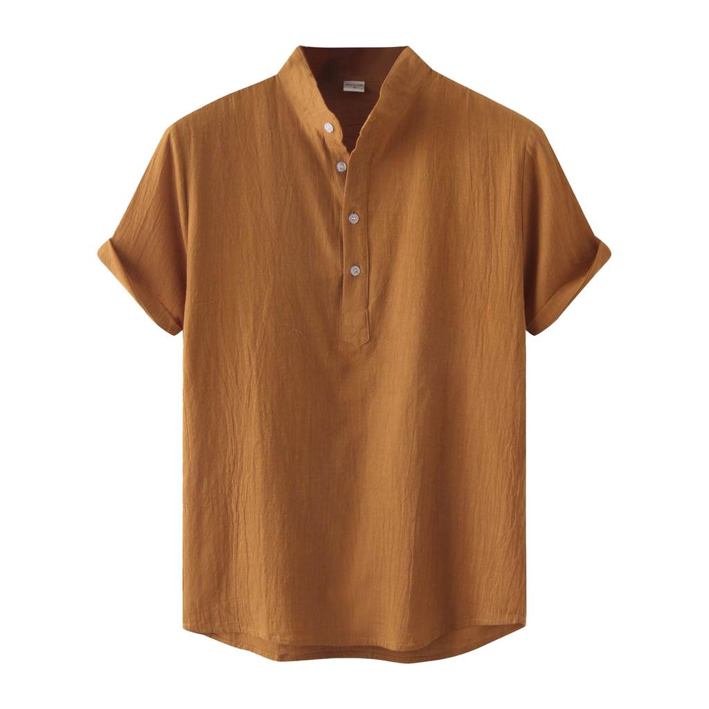 Men's Summer Casual Fashion Solid Color Cotton Linen Top Stand Collar Short Sleeve Shirt