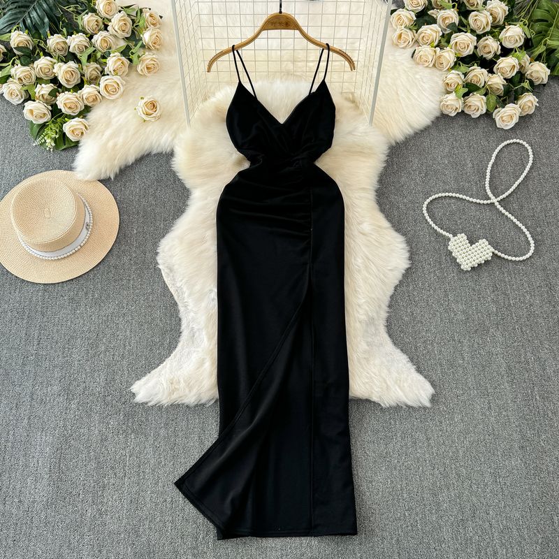 

Unique Sling Dress Super Nice Sexy V-Collar Contrast Color Tight Waist Silm Spring and Summer New Arrival Split Sheath Dress Black L