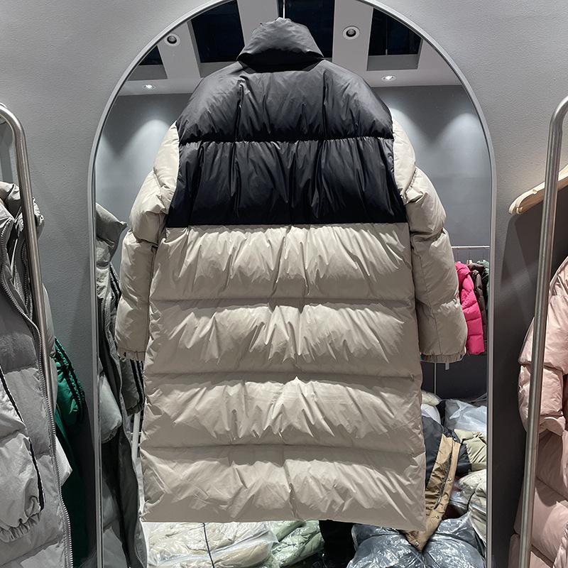 Contrast color down jacket women's medium and long autumn and winter new loose thickened stand-up collar white duck down jacket tide