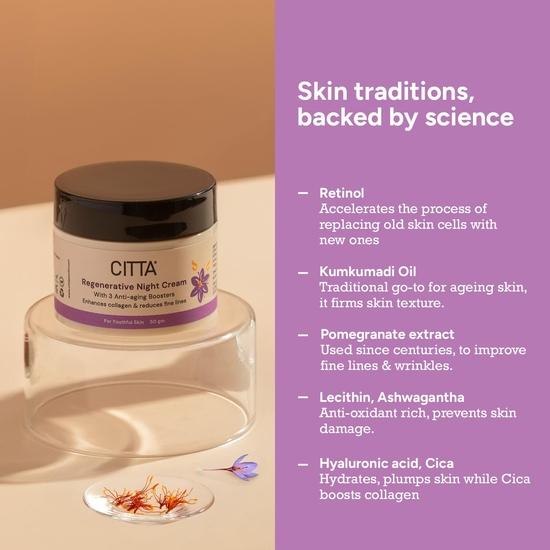 CITTA Regenerative Night Cream | Retinol Anti-Aging Cream with Kumkumadi & Ashwagandha for All Skin Types| For Men & Women | 50 Gm