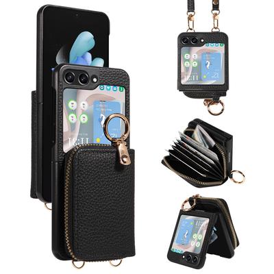 Kunstleder-Telefonhülle für Samsung Galaxy Z Flip6 5 4 3 5G Anti-Schock-Crossbody-Gurt Langer Gurt Auf- und Ab-Klappmodus