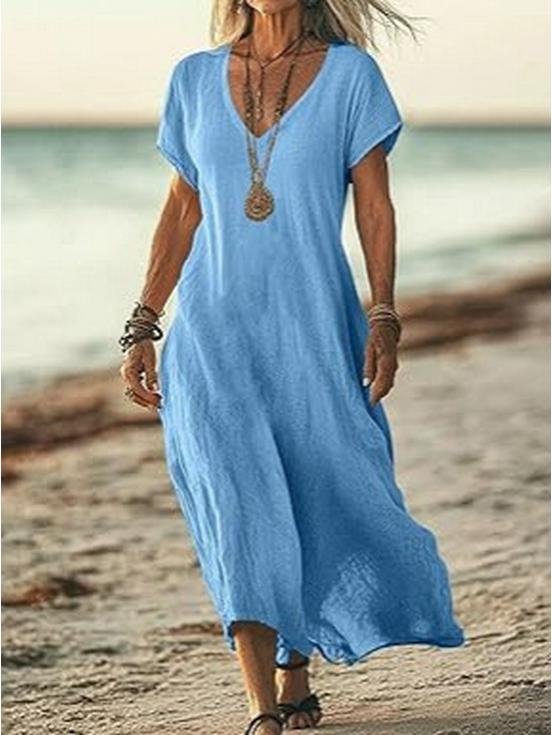 V-Neck Loose Solid Color Cotton Linen Women's Dress