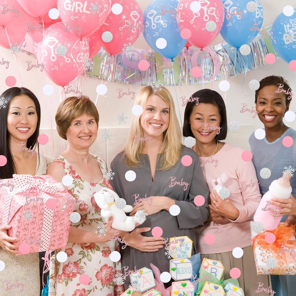 MARFOREVER Winter Baby Shower Table Confetti, 200 Pcs Glitter Pink Silver Snowflake Baby Confetti Table Decorations Winter Gender Reveal Sprinkle for