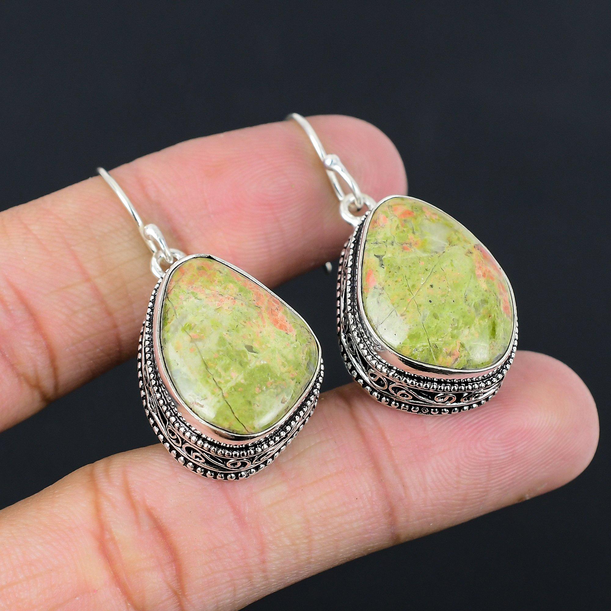 

Memorial Day Sale 925 Sterling Silver Unakite Stone Vintage Dangle Drop Earrings