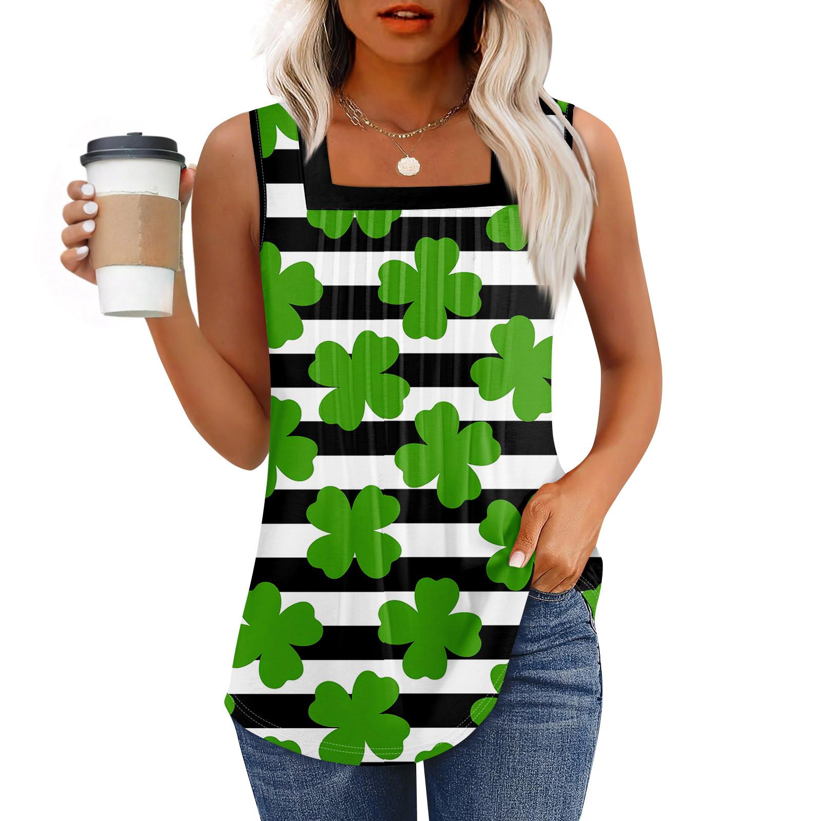 

Майка для женщин летние наряды без рукавов St. Блузки с принтом ко Дню Святого Патрика, свободные рубашки в складку, квадратный вырез L армия зеленый