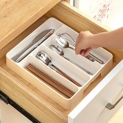 Kitchen Drawer Cutlery Organizer Tray | 4/5 Compartments Rectangle Divider | Easy Clean Spoon Fork Storage Box for Home Use