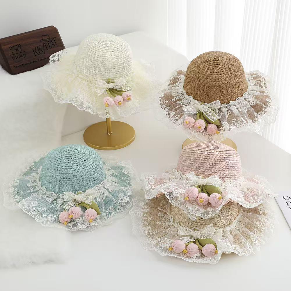 Woven Tulip Lace Straw Sun Hat for Baby Girls - Summer Beach & Outdoor Sun Protection