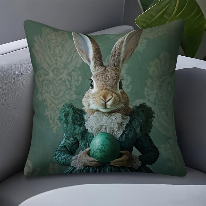 1Pc Easter Vintage Lady Rabbit Print Throw Pillow Cover,Suitable For Sofa,Bedroom,Living Room,A Retro Gift For Easter Lovers