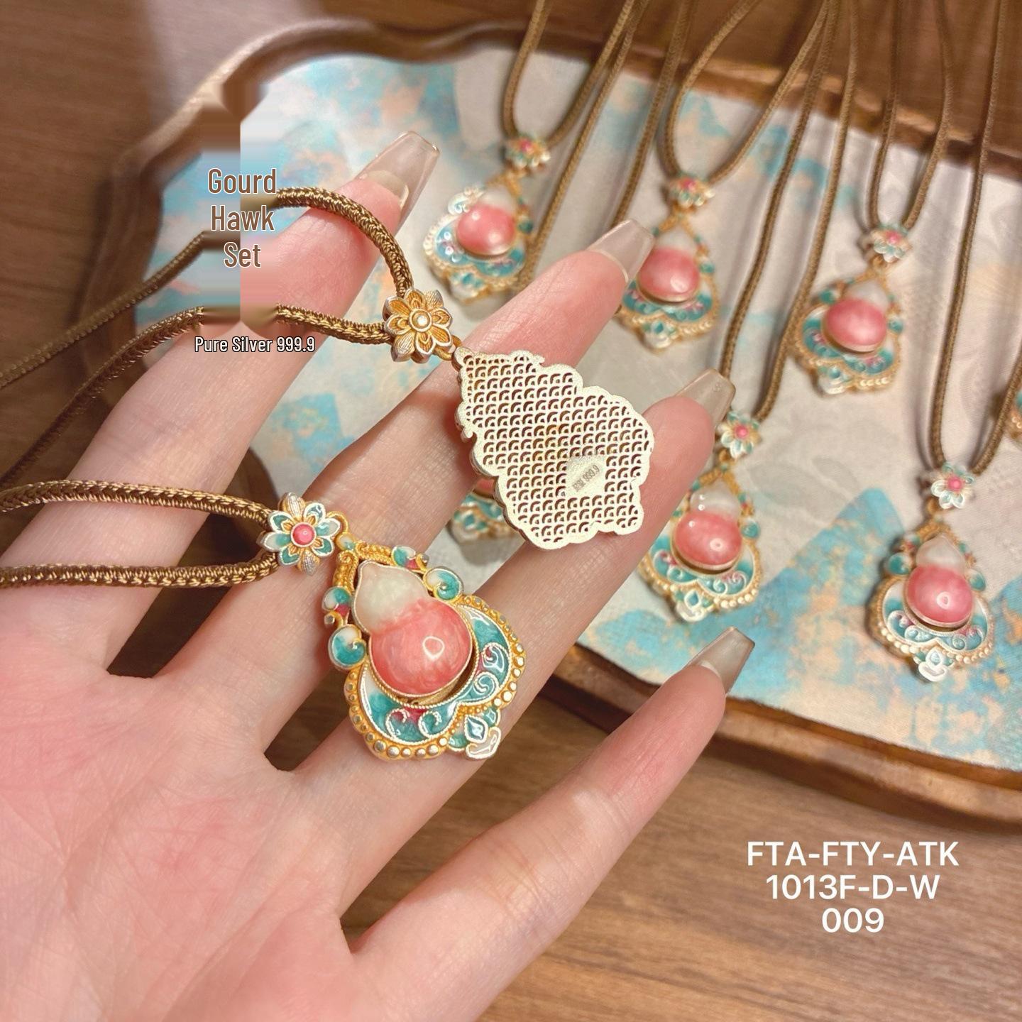 Sterling Silver 999.9 Chinese Gourd Enamel Pendant Necklace – Elegant Retro Gift for Women Sterling Silver