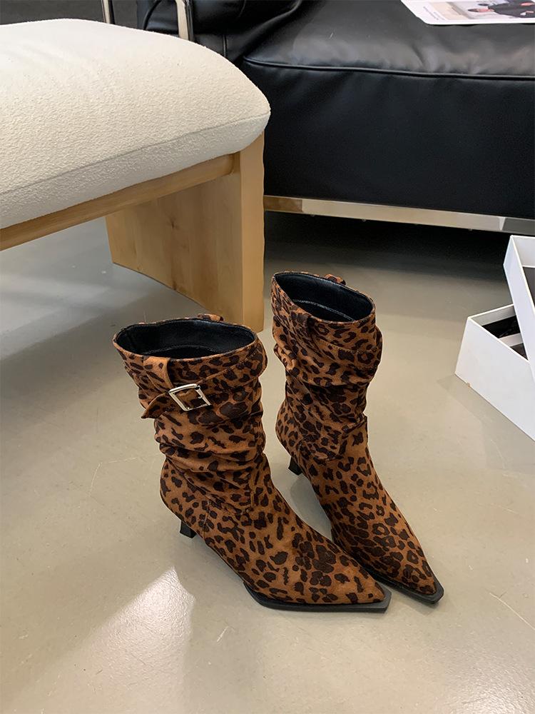 Spice Girl Pointed Head Belt Buckle Short Boots Femininity Stiletto Boots Suede Medium Tube Thin Boots Women