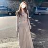 Gray Striped Knit Dress Set for Women: 2025 Autumn Korean Style Long Dress