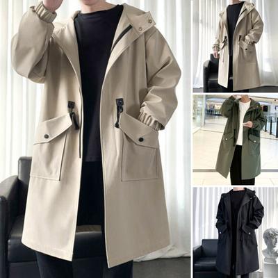 Trench da uomo con cappuccio sciolto di media lunghezza grandi tasche manica lunga antivento tinta unita chiusura con cerniera polsino elastico antirughe streetwear cappotto da uomo