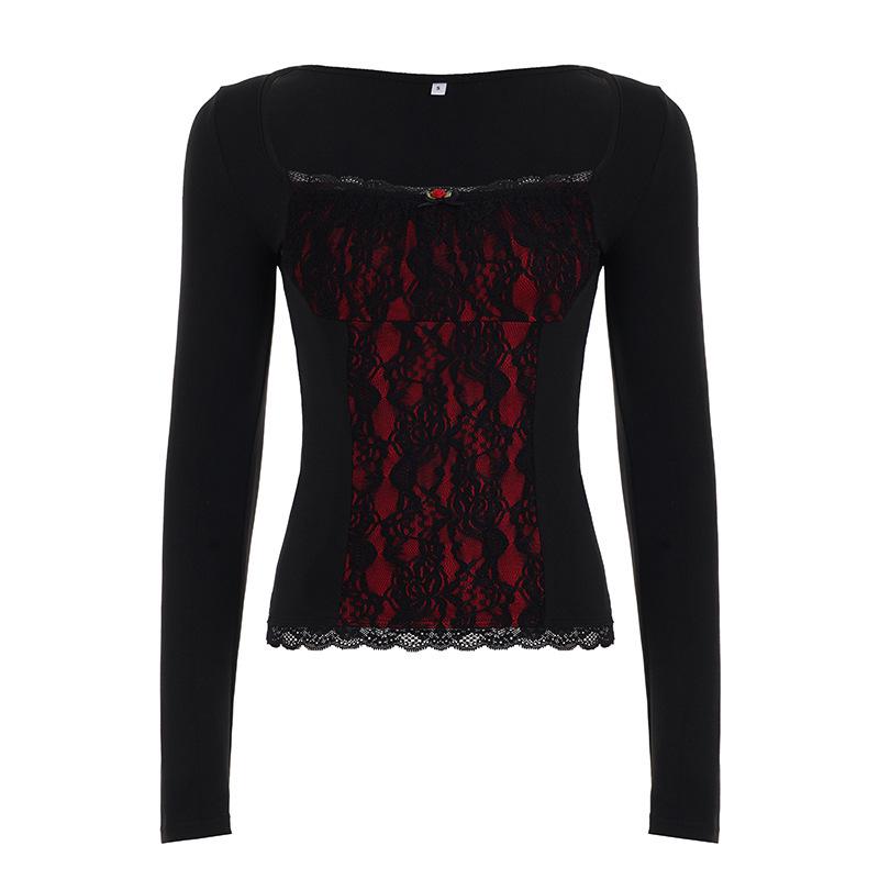 

Черный Стиль Горячая Девушка Кружевная Пэчворк Квадратный Вырез Длинный Рукав Футболка - Новый Осенний Утягивающий Базовый Верх Small красный