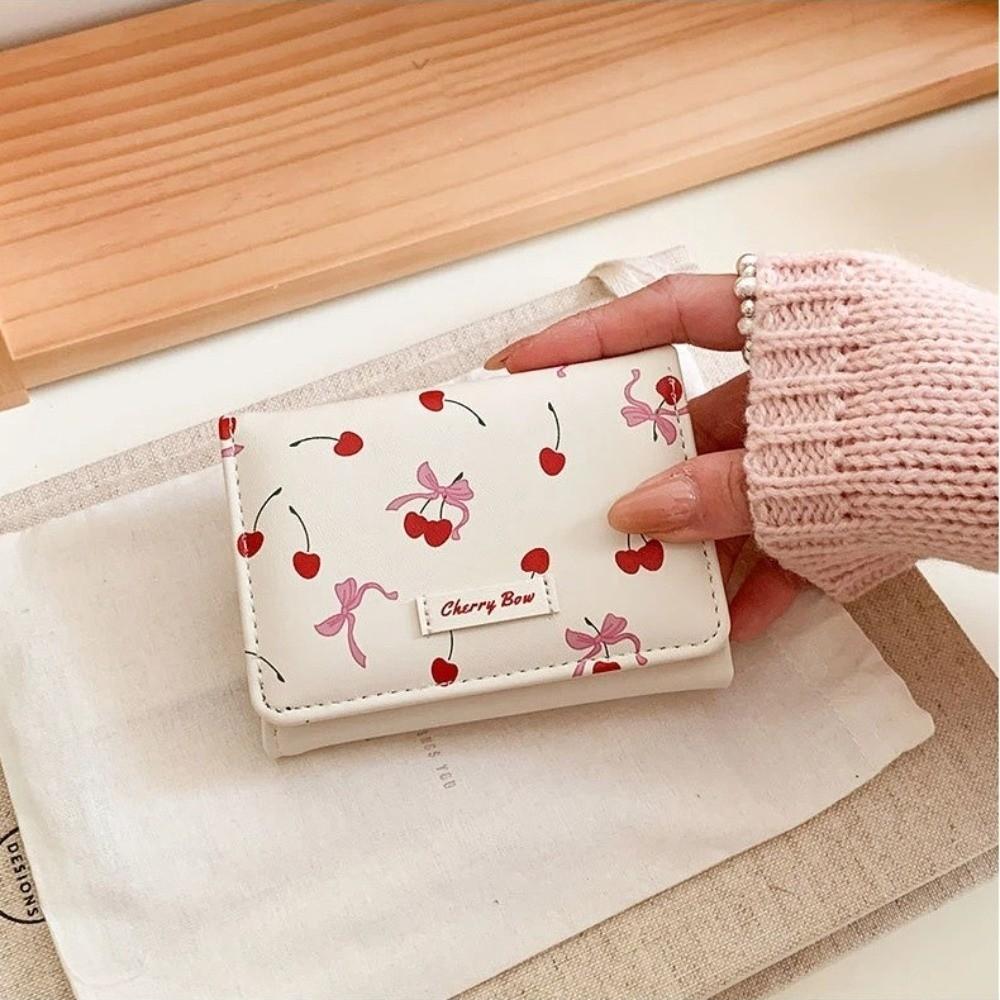 New Cherry Bow Printing Bow Printing Coin Purse Multi-Slot Tri-fold Short Wallet PU Leather Coin Pouch Women