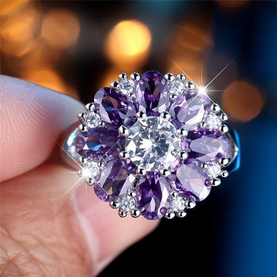 Cute Female Purple Zircon Stone Flower Ring Silver Color Engagement Charm Wedding Jewelry For Women