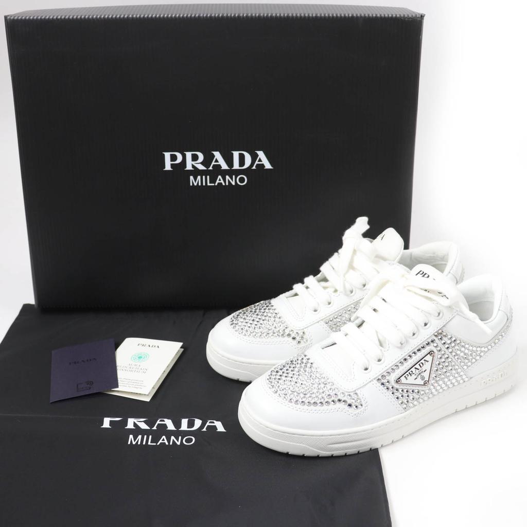 Excellent PRADA Sneakers Triangle Logo with Crystal White Leather Women 35.5  Used