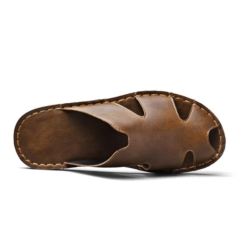 Men Slippers Handmade Simple Flats Brown Leather Sandals Outdoor Summer Roman Sandals Closed Toe Beach Shoes Plus Size