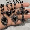 Gotische Y2K Hart & Vleermuis Kruis Hanger Ketting met Zwarte Kralen