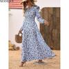 MODIQUE 2025 Summer Plus Size New Women's Loose Casual Floral Printing Waist Flowing Lace Collar Long Dress Ladies A-Line Hot Long Sleeve Dress